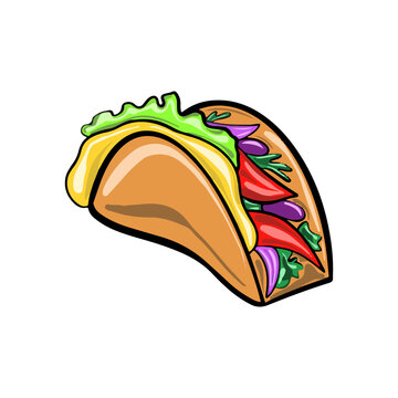 Vector illustration Mexican taco carne asada with fresh salsa in cute cartoon style. Traditional Mexican dish.