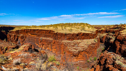 Fototapeta na wymiar panorama of gorge in karijini national park in western australia; a lush red canyon in the desert with red sand and rocks; an oasis in the australian outback