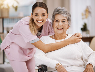 Women portrait, senior or wheelchair support in nursing home, house living room or wellness...