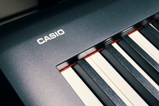 Ryazan, Russia - October 9, 2022: Casio logo on digital music synthesizer. Casio Computer Co., Ltd. is a Japanese multinational electronics manufacturing corporation