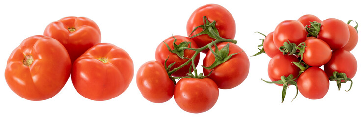 Set of tomatoes images. Tomatoes isolated on a white background. Clipping Path. Full depth of field. close up