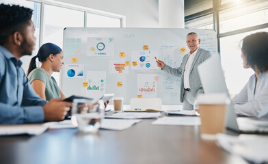 Business, speaker and presentation for workshop, conference and questions. Mentor, leader or man in meeting with staff, teamwork or seminar for new process, system training or charts for sales growth