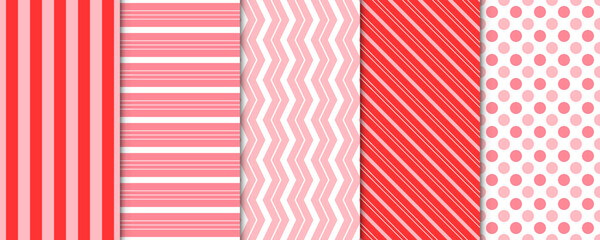 Set of 5 Elegant Seamless Pattern with Pink Decorative Elements for Gift Wrap Paper, Fabric, Card, Background