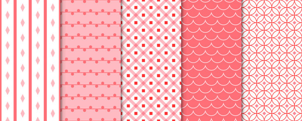 Set of 5 Elegant Seamless Pattern with Pink Decorative Elements for Gift Wrap Paper, Fabric, Card, Background