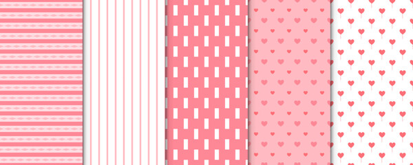 Set of 5 Elegant Seamless Pattern with Pink Decorative Elements for Gift Wrap Paper, Fabric, Card, Background