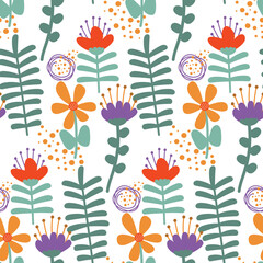 Seamless botanical pattern with  hand drawn flowers, leaves, dots. Abstract floral texture. Wrapping paper