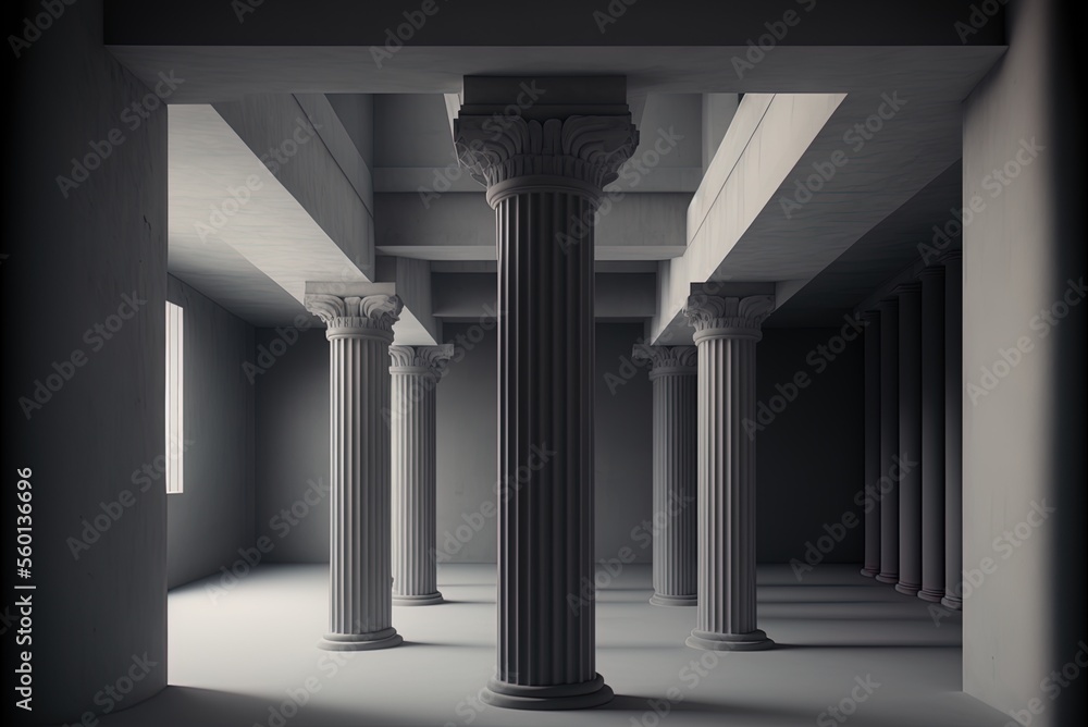 Poster columns and other architectural features set into the concrete interior. generative ai