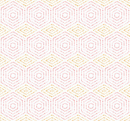 Geometric repeating ornament with hexagonal dotted colored elements. Geometric modern ornament. Seamless abstract modern colored pattern