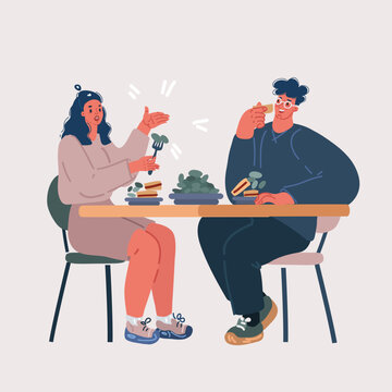 Vector illustration of couple have lunch and talking. Make conversation. Two coworkers or friends meeting.