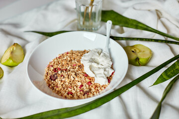 Morning granola breakfast with greek yougurt and glass of detox water with lemon, Homemade oatmeal granola, healthy food.