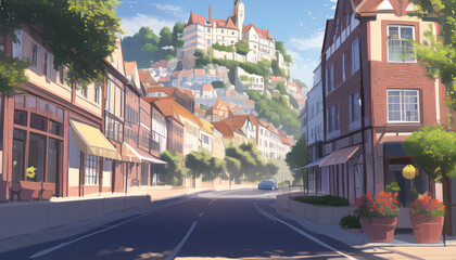 Drawing of the streets of a resort town on a sunny day. 