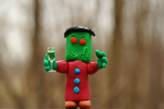 Portrait of Frankenstein close-up. A toy monster made of plasticine. Ideas for Halloween.