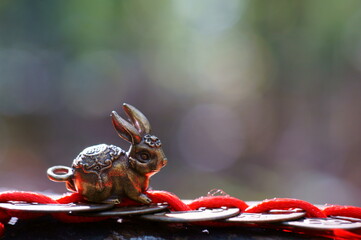 Metal rabbit figurine and Chinese Feng Shui coins.