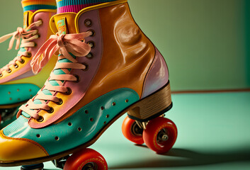 Close up of a womans feet wearing bright retro roller skates. Generative ai