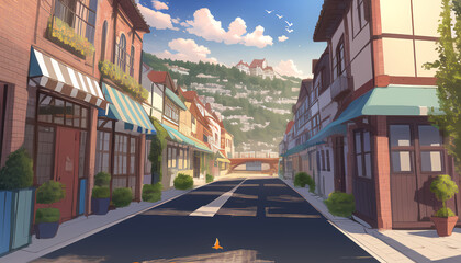 Fototapeta na wymiar Drawing of the streets of a resort town on a sunny day. 