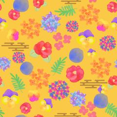 Seamless pattern oriental flowers and cute botanical blossom background. Nursery wallpaper, textile or wrapping paper illustration