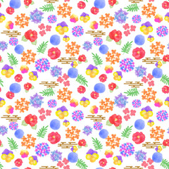 Seamless pattern oriental flowers and cute botanical blossom background. Nursery wallpaper, textile or wrapping paper illustration