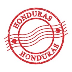 HONDURAS, text written on red postal stamp.
