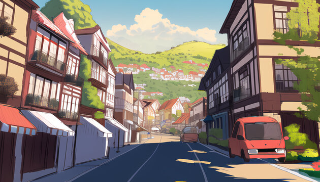 Drawing of the streets of a resort town on a sunny day. © Nereida