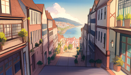 Drawing of the streets of a resort town on a sunny day. 