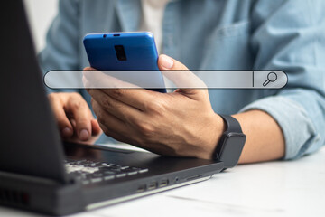 People using laptops use search box icons and copy areas to search for information on the Internet. Technical concepts