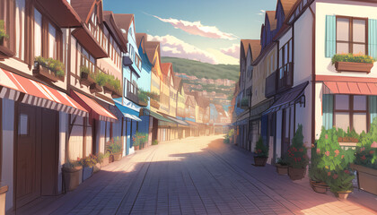 Drawing of the streets of a resort town on a sunny day. 
