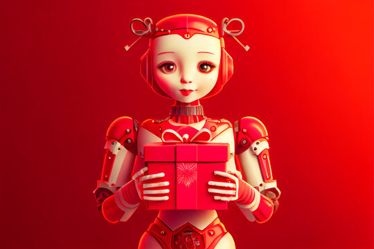modern robot holding gift box birthday or holiday celebration artificial intelligence, delivery, Chinese new year, birthday concept.(Generative AI)