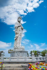 Avalokitesvara Bodhisattva gigantic statue or Haesu gwaneum in Naksan or Naksansa Temple, Yangyang, Gangwon Province, South Korea. Vertical view.