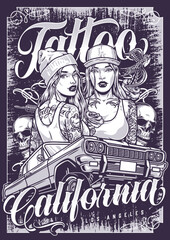 Tattooed girl racers monochrome poster