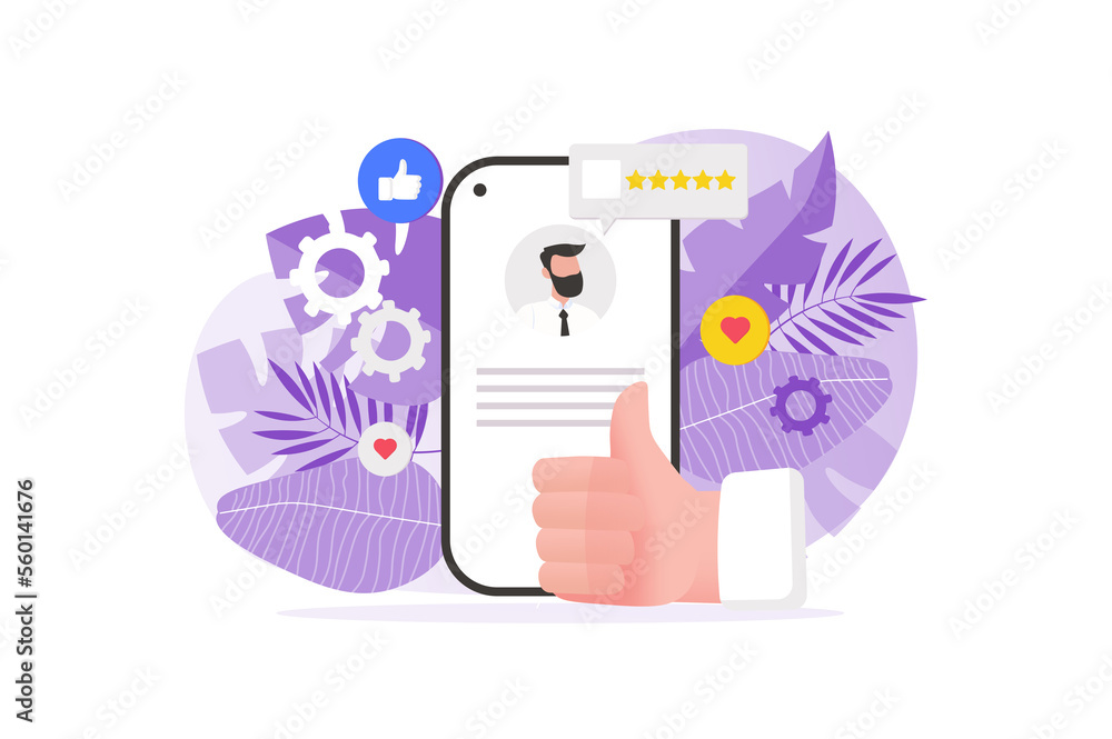 Poster good feedback concept with people hand in flat design. user evaluates service and leaves comment wit