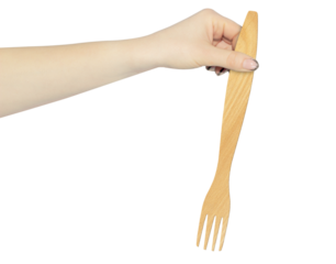 wooden fork in hand isolated from background, concept of hand over or throw away wooden fork