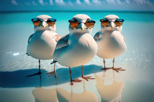 Group seagull on the beach, sun, blue water. User sunglasses. Focus selective.