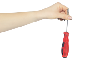 screwdriver in an outstretched hand, pass the screwdriver, isolated from the background