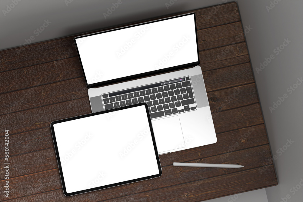 Poster responsive website design with laptop computer and tablet computer with blank screen, business onlin