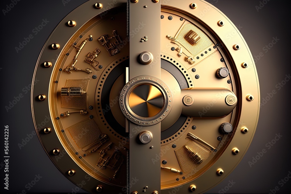 Poster bank the animated opening of a secure safe. steel circular gate with welds and rivets that can open 