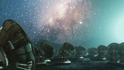 Array of radio telescopes watching night sky. Concept of SETI, search for alien life, astronomy, science, technology