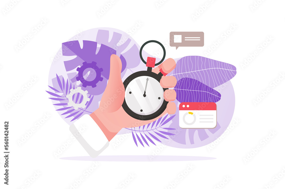 Poster time management concept with people hand in flat design. employee performs tasks according to daily 