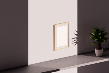 Vertical wooden picture frame on empty wall hanging above a shelf that carries a cactus. It's being hit by sunlight only.

Digitally generated image.