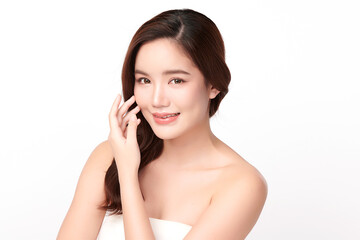 Beautiful young asian woman with clean fresh skin on white background, Face care, Facial treatment, Cosmetology, beauty and spa, Asian women portrait.