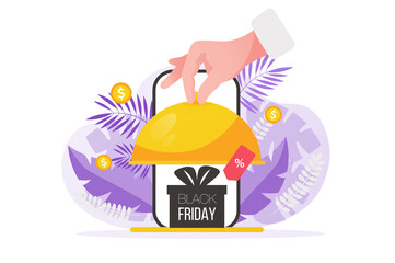 Black Friday concept with people hand in flat design. Best offers from stores at seasonal sale, discounts prices and gifts for buyers, online ordering and payment at site. Illustration for web