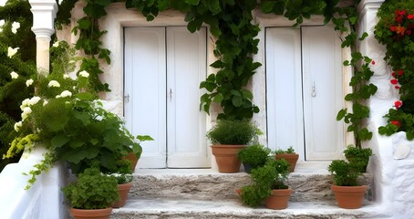 Fototapeta na wymiar White door with beautiful potted plants and flowers in the garden