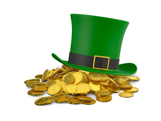St Patrick day. Green hat with money on white background. Isolated 3D illustration