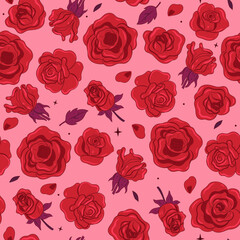 Seamless pattern with red roses on a pink background. Vector graphics.
