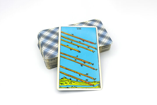 BANGKOK THAILAND - JANUARY 10, illustrative editorial Rider Waite tarot card isolated, tarot reading concept. Tarot card "8 of Wands" on January 10, 2023.