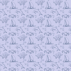 Seamless pattern with sea animals and sailboat one line drawing vector