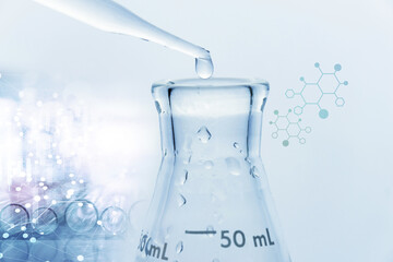 Chemical structure molecule and water drop in to glass flask in blue medical research science...