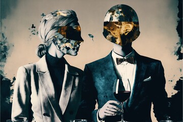 Collage art of two anonymous people drinking wine , ai generated