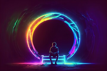 A man is sitting near a neon portal, futuristic scene