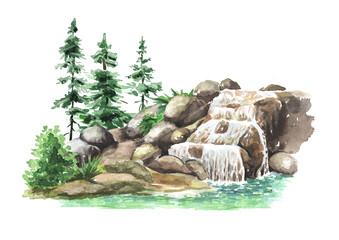 Forest Waterfall. Hand drawn watercolor illustration, isolated on white background