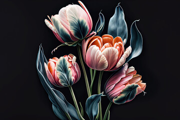A bouquet of tulips of various colour on a black background. 